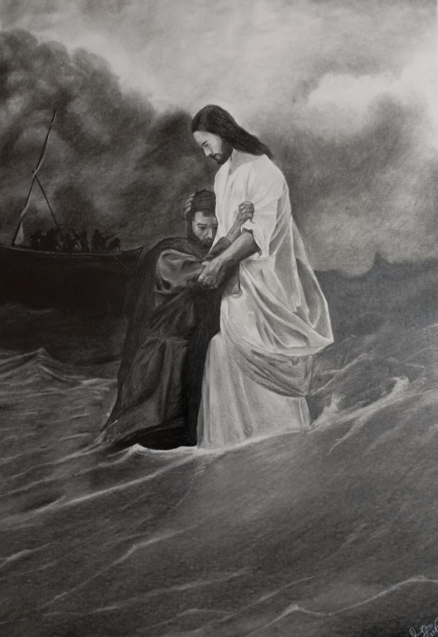 Peter's Faith (Matthew 14:30) - Original Pencil